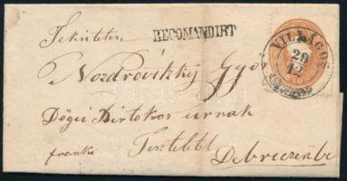 1862 2 x 10kr ajánlott levélen, az egyik bélyeg bontásnál eltépve / 2 x 10kr on registered cover, 1 torn apart VILÁGOS - Debrecen