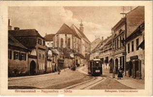 1915 Nagyszeben, Hermannstadt, Sibiu; Bahngasse, Ursulinenkloster / Vasút utca, villamos, A Fenig üzlete, Emanuel N. Salamon lakatos mester. Jos. Drotleff kiadása / street, tram, shops (szakadás / tear)