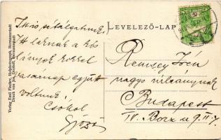 1915 Nagyszeben, Hermannstadt, Sibiu; Bahngasse, Ursulinenkloster / Vasút utca, villamos, A Fenig üz...