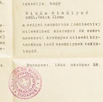 1944 A budapesti Svájci Nagykövetség által kiállított menlevél Bizám Mihályné sz. Weisz Ilona részér...