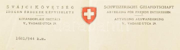 1944 A budapesti Svájci Nagykövetség által kiállított menlevél Bizám Mihályné sz. Weisz Ilona részér...