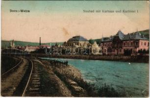 Vatra Dornei, Dornavátra, Bad Dorna-Watra (Bukovina, Bucovina, Bukowina); Neubad mit Kurhaus und Kurhotel I. / spa, bath and hotel, railway line, bridge. Verlag Eisig Schäfer (EB)