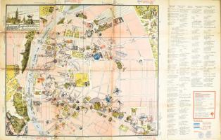 cca 1935 Budapest illusztrált térképe ,Litográfia, szakadásokkal 60x90 cm Hátoldalán reklámokkal. Shell kiadás