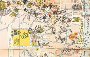 cca 1935 Budapest illusztrált térképe ,Litográfia, szakadásokkal 60x90 cm Hátoldalán reklámokkal. Sh...