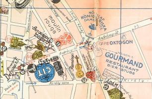 cca 1935 Budapest illusztrált térképe ,Litográfia, szakadásokkal 60x90 cm Hátoldalán reklámokkal. Sh...