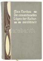 Max Nordau: Die conventionellen Lügen der Kulturmenschheit. Lipcse, é.n. (1910 k.), B. Elischer Nachfolger. Német nyelven. 62. és 63. ezer. Kiadói Jugendstil (szecessziós) egészvászon-kötés, festett felső lapélekkel, gerincen és borítón apró kopásnyomokkal, előzéklapokon és címlapon régi intézmény bélyegzővel, volt könyvtári példány, jó állapotban.