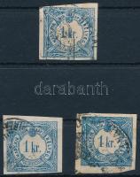 1868 3 db Hírlapilleték bélyeg 1kr vízjel részlettel / 3 x Newspaper duty stamp 1kr with watermark
