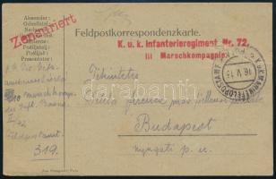 1915 Tábori posta levelezőlap / Field postcard K.u.k. Infanterieregiment Nr.72. III. Marschkompagnie + MFP POLA c