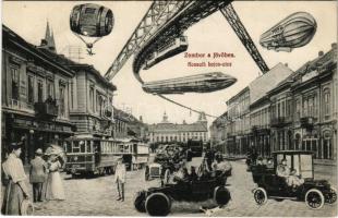 1911 Zombor, Sombor; A jövőben montázs. Kossuth Lajos utca, Singer S. és Deutsch üzlete. Kaufmann Emil kiadása / in the future montage, street view with shops (EK)