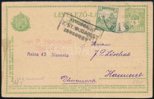 1918 Díjkiegészített díjjegyes levelezőlap cenzúrázva Dániába / Censored PS-card with additional franking to Denmark