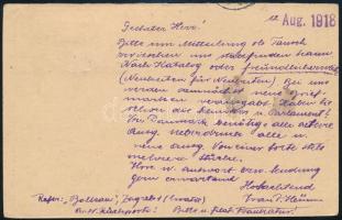 1918 Díjkiegészített díjjegyes levelezőlap cenzúrázva Dániába / Censored PS-card with additional fra...