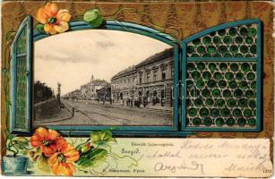 1903 Szeged, Kossuth Lajos sugárút. H. Kampmann kiadása. Szecessziós, virágos, dombornyomott litho keret / Art Nouveau, floral, Emb. litho frame (lyuk / pinhole)