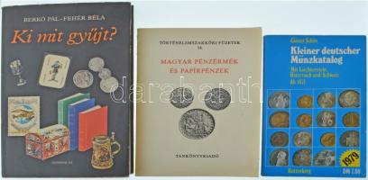 3db-os numizmatikai irodalom tétel, közte Berkó Pál - Fehér Béla: Ki mit gyűjt? Gondolat kiadó, Budapest, 1980. Papír védőborítóval, védőborítón kis szakadások + Fux Kornél - Hölgyéné Angelotti Zsuzsanna: Magyar pénzérmék és papírpénzek. Történelemszakköri Füzetek 14.,Tankönyvkiadó, Budapest,1981. + Günter Schön: Kleiner deutscher Münzkatalog - mit Liechtenstein, Österreich und Schweiz Ab 1871. (Kis német érmekatalógus - Liechtensteinnel, Ausztriával és Svájccal 1871-től) - 8. Kiadás. Battenberg, München, 1979. Mind használt, jó állapotban.