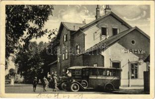 Ipolyság, Sahy; vasútállomás, autóbusz. Jozefa Paricka kiadása. Foto Kramer / Nádrazie / railway station, autobus (szakadás / tear)