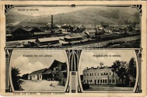 1912 Csaca, Csacza, Cadca, Caca; vasútállomás és környéke, vonat, Klappholz féle volt szálloda, Klappholz féle új szálloda. S. Lustig kiadása / railway station, train, old and new hotel of Klappholz. Art Nouveau (EK)