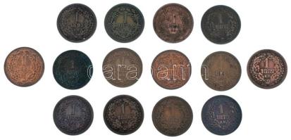 1868KB-1892KB 1Kr Cu (14xklf) a névérték közel teljes körmöcbányai veretének gyűjteménye (1873KB hiá...