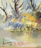 Komiszár János (1949-): Stégek (Tisza). Olaj, farost. Jelzett. Dekoratív fakeretben, 45×65 cm