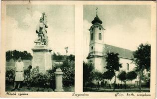 1931 Tiszanána, Római katolikus templom, Hősök szobra, emlékmű. Hangya szövetkezet kiadása (EK)