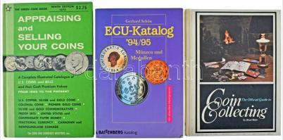 3db-os numizmatikai irodalom tétel, benne: Gerhard Schön: ECU-Katalog 94/95 Münzen und Medaillen. Battenberg Verlag, München, 1994.; Robert Friedberg: Appraising and Selling Your Coins - A Complete Illustrated Catalouge of US Coins and Bills and their Cash Premium Values from 1652 to the present. 1974., The Coin and Currency Institute Inc.; Brad Mills: The Official Guide to Coin Collecting