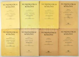 Numizmatikai Közlöny tétel, benne a folyóirat hét évfolyama: LXVIII-LXIX. évfolyam, 1969-1970.; LXX-LXXI. évfolyam 1971-1972., LXXIV-LXXV. évfolyam 1975-1976., LXXVI-LXXVII. évfolyam 1977-1978., LXXXIV-LXXXV. évfolyam 1985-1986., LXXXVI-LXXXVII. évfolyam 1987-1988., LXXXVIII-LXXXXIX. évfolyam 1989-1990., XC-XCI. évfolyam 1991-1992. Budapest, Magyar Numizmatikai Társulat.