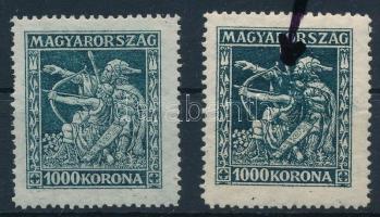 1924 Jótékonyság I. 1000K túlfestékezett, zöld elkenődés + támpéldány / Mi 382 overinked