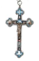 Antik feszület, ezüstözött aplakka alapon üveg muranoi ikromozaik díszítéssel, 13x6,5 cm