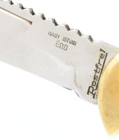 Nagy István Érd, egyedi készítésű, jelzett rugós bicska. Agancs, réz. Nyitva 25,5 cm. Kiváló állapot...