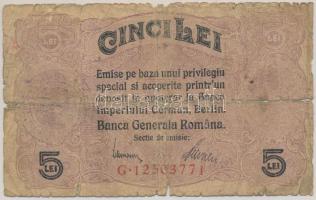 Románia / Német megszállás 1917. 5L "G 12503771" T:G szakadás, anyaghiány Romania / German Occupation 1917. 5 Lei "G 12503771" C:G tear, material error Krause P#M5b