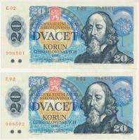 Csehszlovákia 1988. 20K (2x) sorszámkövetők E 02 998501 - E 02 998502 T:UNC,AU Czechoslovakia 1988. 20 Korun (2x) consecutive serials E 02 998501 - E 02 998502 C:UNC,AU Krause P#95a