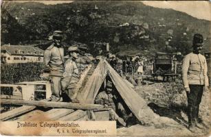 1908 Cs. és kir. távirati ezred vezeték nélküli távíró állomása katonákkal / Drahtlose Telegraphenstation. K.u.K. Telegraphenregiment / Austro-Hungarian Telegraphy Regiment, wireless telegraphy station with soldiers (ázott / wet damage)