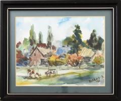 Petkes József (1928-2016): Legelésző tehenek. Akvarell, papír, jelzett, üvegezett fakeretben, 18×23,5 cm