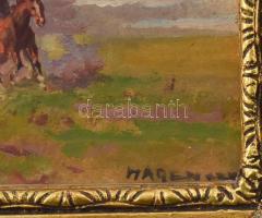 Hárencz János (1899-1969): Lovas csikóssal. Olaj, karton, jelzett. Dekoratív fakeretben, 11×16 cm