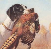 Dekoratív, üvegezett fakeret, vadászkutya nyomattal, belső méret:25,2×34,5 cm