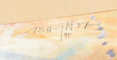 Orosz István (1941-1999): Felröppenő madarak, 1991. Akvarell, papír, Jelzett. Kisebb szakadással. Pa...