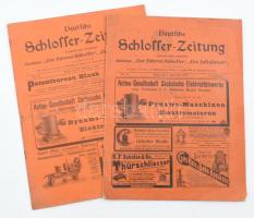 1900 Deutsche Schlosser-Zeitung c. német nyelvű műszaki folyóirat 2 db száma, foltos lapokkal, az egyik sérült borítóval