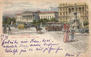 1899 Budapest V. Nemzeti múzeum a Kálvin téri szökőkúttal, villamossal és omnibusszal  s: Dörre T
