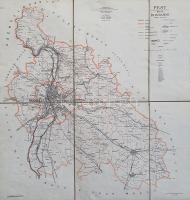 Pest megye és Budapest belső használatra szánt térképe (1957). Mérték: 1 : 250 000. Budapest, 1957. Állami Földmérési és Térképészeti Hivatal Kartográfiai Vállalata - Offset-Nyomda. Kétszínnyomású térkép, hajtogatva. Mérete: 550x510 mm. Kizárólag hivatalos használatra készült kétszínnyomású térképünk alapja az 1956. évi hivatalos helységnévtár. A térkép a járásokra osztott megyeterületen és Budapesten feltünteti a vízhálózatot a kikötőkkel, a közút- és vasúthálózatot a vasúti csomópontokkal, az ezúttal torzítatlanul ábrázolt, XXII kerületre osztott fővárosban a beépült és beépítetlen belterületet. Térképünk érdekessége, hogy a meglévő kisebb Duna-hidakat nem feltétlenül ábrázolja (a tahi és ráckevei híd helyén kompátkelést feltételez). Vászonra kasírozott, jó állapotú térképlap.