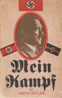 Hitler, Adolf: Mein Kampf. (My Struggle.) Unexpurgated Edition, Two Volumes in One. First Volume: A Retrospect. Second Volume: The National Socialist Movement. Bombay, (1990). Jaico Publishing House (Printed by Prabhat Printers.) 566 + [2] p. + 7 t. (kétoldalas). Adolf Hitler, a későbbi nemzetiszocialista vezér politikai manifesztuma nagyját landsbergi fogsága idején vetette papírra, melyet a müncheni sörpuccsban való részvétele miatt róttak ki rá. A nácizmus minden jelentős elemét magába foglaló mű (a fajelméletet, antiszemitizmust, az élettér-elméletet, a propaganda jelentőségnek felismerését hangsúlyozó manifesztum) első kiadása eredeti nyelven 1925-ben jelent meg, folytatása 1927-ben; a két munkát az 1930-as évek elejétől egybekötve adták ki. A munka rövidített angol kiadása Hitler birodalmi kancellárrá választása évében, 1933-ban jelent meg, első teljes angol kiadása 1939 tavaszán. Példányunk angol szövege (a fordító előszava alapján) vélhetően az 1945 előtt megjelent négy nagyobb, teljes angol fordítás egyikén alapszik, ám a táblákon elhelyezett képanyag és kísérő szövege későbbi kiegészítésnek tűnik, nem különben a hitleri társadalomelméletet elítélő, a hátsó borítón elhelyezett fülszöveg, mely szintén utólagos látószögből íródott. Indiai kiadásunk copyrightja 1988-ból való, példányunk a harmadik utánnyomásból származik. Fűzve, színes, illusztrált, enyhén sérült, javított, enyhén foltos kiadói borítóban. Jó példány.