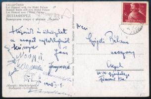 1948 A Csepeli Munkás Torna Kör, az 1947-48 szezonban bajnoki aranyérmes csapat futballistáinak autográf aláírásai: Kónya I József (1920-1987), Nagy II István (1922-2000), Marosvári Béla (1919-1976), Keszthelyi Mihály 1922-2000), Fenyvesi II József (1940-), Imri István (1923-) és mások aláírásaival, össz. 11 db aláírással, Lillafüredi képeslapon.