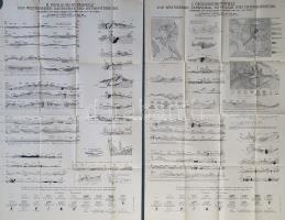 Geologische Profiele von Westserbien, Sandschak, Novipazar und Ostmontenegro gezeichnet auf Grund seiner Aufnahmen von 1917-1918 durch I-II. Idősebb Lóczy Lajos geológiai térképei és szelvényvázlatai Nyugat-Szerbia, Szandzsák és Kelet-Montenegró területéről az 1917-1918. évi expedíció nyomán I-II. [Két térképlap] (1920) Budapest, 1920. Klösz György és Fia Térképészeti Műintézete. Két térkép, méretük: 955x615 mm, illetve 955x620 mm. Az első világháború idején, a Magyar Tudományos Akadémia és a Földtani Intézet megbízásából, Károlyi Lajosné Széchenyi Hanna támogatásával népesebb kutatócsapat indult a délszláv régió közép-balkáni vidékének geológiai felmérésére. Az 1918-1919-ben lezajlott expedíció a Belgrádtól délnyugatra elhelyezkedő, nagyjából 150x100 km kiterjedésű térség földtani térképezését célozta. I. számú geológiai nyomtatványunk három kisebb térképvázlatot közöl, a Belgrád déli szomszédságában elhelyezkedő Avala hegyről, a közép-szerbiai hegyvidéken, a Nyugati-Morava felső folyása melletti Ovčar- és Kablar-csúcs környékének, illetve a bosnyák-szerb területen fekvő, Drina melletti Višegrad város környékének geológiai részleteiről. A térképvázlatokon a földtani információkon kívül az utak, vasutak, települések és gyártelepek is feltüntetve. A három térképvázlatot az egyes térképekhez tartozó, oldalnézetű geológiai keresztmetszetek kísérik. A német és magyar nyelvű jelmagyarázat a lap alján. II. számú geológiai nyomtatványunk számos földtani szelvényt sorakoztat, a felvételek döntően a Drina-kanyon környékén készültek, a bosnyák és szerb területek határán. A kétnyelvű jelmagyarázat a lap alján. II. számú geológiai nyomtatványunk bal felső sarkán apró hiány, a hajtás mentén apró szakadás, a térképlap verzóján apró javítás. Jó állapotú lapok, hajtogatva.