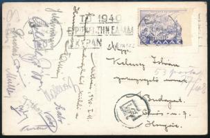 1940.I.11., Hungária Magyar Testgyakorlók Köre Futball Club (MTK) labdarúgó csapat tagjainak autográf aláírásai: Sebes Gusztáv, Titkos Pál, Szabó III. Géza, Négyesi Frigyes, Heinrich Müller, Dudás János, Béky Bertalan, Feldmann Gyula edző stb., össz. 15 aláírással Athénból küldött képeslapon. / autograph signatures by famous Hungarian football players of the club MTK, among them legendary players Sebes (later manager of the Mighty Magyars), Titkos, Heinrich Müller (from Austria) etc., 15 signatures in total, on a postcard sent from Athens, Greece
