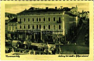 Marosvásárhely, Targu Mures; Széchenyi tér, Bólyai utca, piac, Dr. Joós Andorné, Boskovics Ferenc, Kalap Király üzlete, Transsylvania szálloda, City cukrászda / square, shops, hotel, confectionery, market (EK)