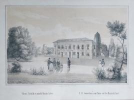 Főhercz. Nyárilak és omladék Margita ligetén. E. H. Sommerhaus samt Ruine auf der Margareth Insel (1847) Tónusos kőnyomat. Franz Prachner metszete. Pest, 1847. Szerelmey Miklós (ny.) Litográfia, mérete: 170x265 mm, lapméret: 230x310 mm. Metszetünk eredetileg Szerelmey Miklós ,,Magyar hajdan és jelen" című kötetében jelent meg (Pest, 1847), a metszet maga [František] Franz Pracher (1825-1885) cseh származású grafikus rajza. Bár a Margit-sziget régóta koronabirtoknak számított, csak 1810-től ment át teljes egészében a nádor tulajdonába. József nádor az 1820-as években építtette a sziget ferences kolostorromjaihoz kapcsolódó családi nyaralóját, és e helyről kezdte meg a sziget angolparkká, botanikus kertté változtatását. A sziget a dualizmus korától népszerű fürdő- és sétahellyé vált, egymás után nyíltak meg rajta a kisebb-nagyobb szállodák. József nádor nyaralóját a XX. század elején átépítették, az épület innentől a Nádor-szálló nevet viselte, itt lakott többek között Krúdy Gyula is. Az épület maga a második világháborúban súlyosan megrongálódott, javát bebontották 1946-ban. A bontás előtt egy évszázaddal készült metszetünkön a klasszicista stílusban épült nádori nyaraló eredeti állapotában látható, kelet felől, kisebb tisztás hátterében, a kép előterében késő reformkori öltözékben sétáló családi csoport és más sétálók, cilinderben, sétapálcával. Szép állapotú metszet, paszpartuban, keretezve, üveglap mögött.
