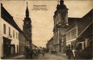 1916 Nagyszombat, Tyrnau, Trnava; Kossuth Lajos utca, Jezsuiták templom, Zlocha József szappanos, Abelesz Izrael zsidó bőrműves, Ruprecht Ferenc üzlete / street, church, Jewish shop (fl)