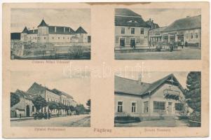 Fogaras, Fagaras; Cetatea Mihai Viteazul, Palatul Prefecturei, Scoala Normala / vár, vármegyeháza, iskola, Eugen Hintz, Joan Lazar üzlete és saját kiadása / castle, county hall, school, shops (ragasztónyom / glue marks)