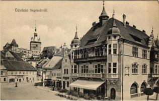 Segesvár, Schässburg, Sighisoara; Iparpalota, tér, Friedrich Schuster gyógyszertára, Fazekas és Josef Girscht üzlete. Fritz Teutsch kiadása / trade palace, square, shops, pharmacy (EK)