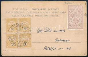 1909 Turul 2f négyestömb képeslapon, levélzáróval / Postcard with block of 4 and label