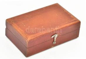 Régi súlykészlet, komplett, csipesszel, fadobozban, 14x8,5x4,5 cm