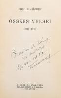 Fodor József összes versei (1922-1942.) A szerző, Fodor József (1898-1973) költő, író, újságíró, műfordító által Bresztovszky Ede (1889-1963) író, újságíró, műfordító részére DEDIKÁLT példány. Bp., (1942), Singer és Wolfner. Első kiadás. Kiadói papírkötés, foltos borítóval és foltos lapokkal, kissé sérült gerinccel.