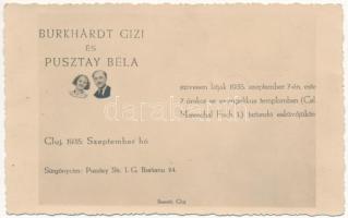 1935 Kolozsvár, Cluj; Burkhárdt Gizi és Pusztay Béla esküvői meghívója / wedding invitation. Bernát photo (fl)